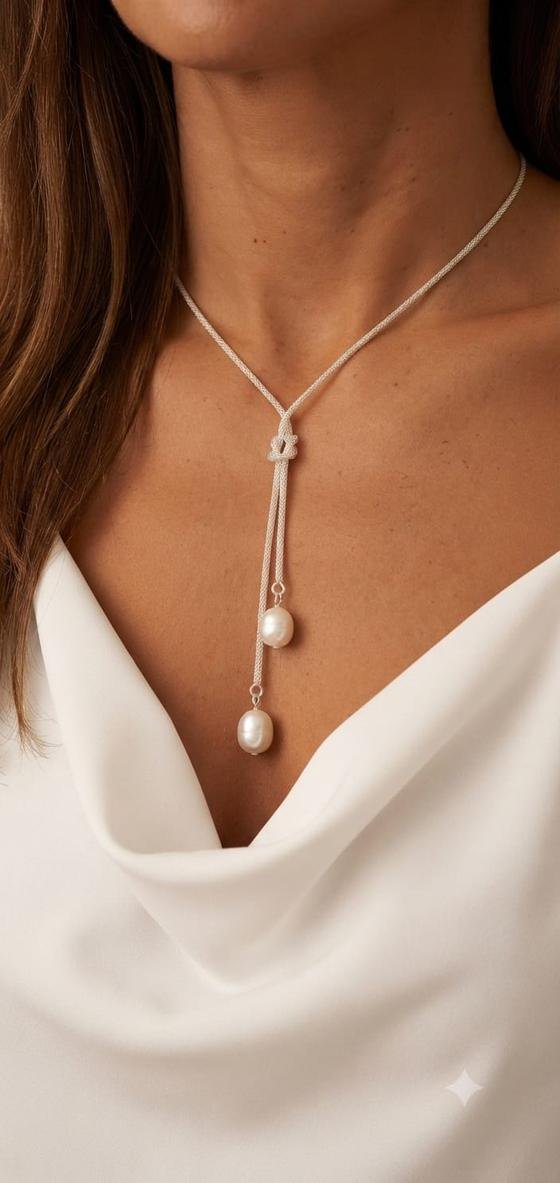 Collar lazo de perlas naturales en plata 925